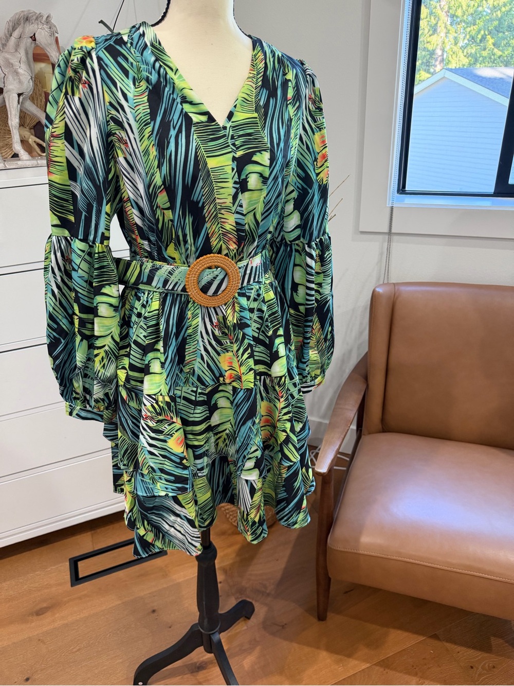 Tropical Green Leaf Print Wrap Mini Dress with Belt